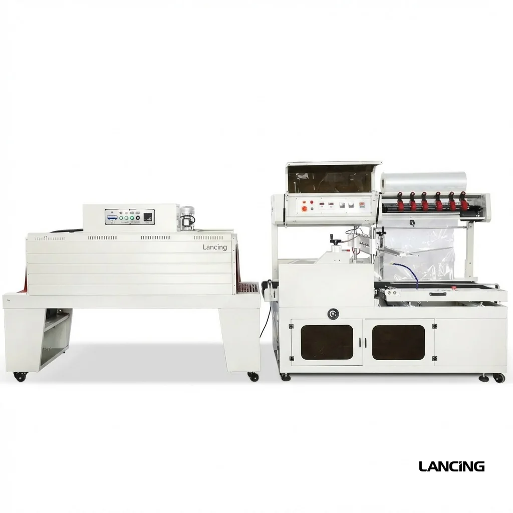 Shrink-packaging equipment with a film roll, wrapping section and heat tunnel.